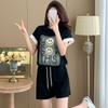 Academic Style Casual Funny Print Black Sports Suit Women Summer Harajuku Loose Short-sleeve T Shirt and Shorts Y2k Running Two-piece Set Young Girl