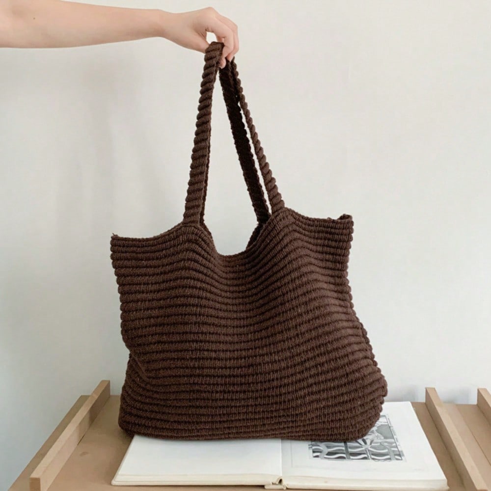 Retro Gebreide Tote Bag Dames Gebreide Tas Grote Capaciteit Reizen Gebreide Tas coffee black