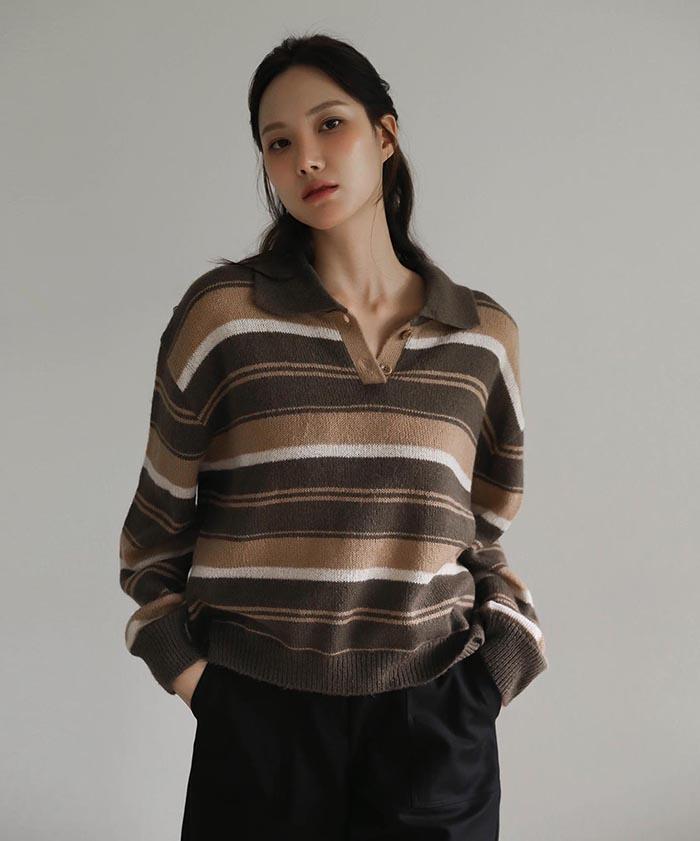 Beleunepeu Of Stripe Pullover Knit_Brown