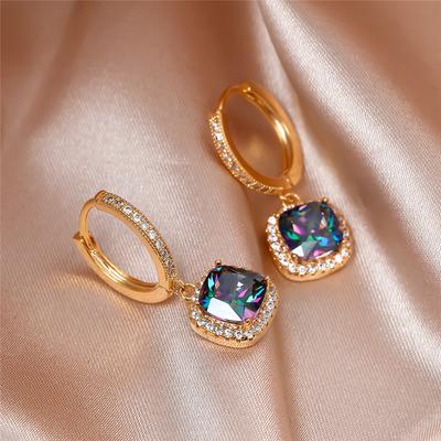 Luxury Female Square Crystal Rainb Ow Stone Classic Gold Color Wedding For Women Vintage Black Zircon Hoop Earrings