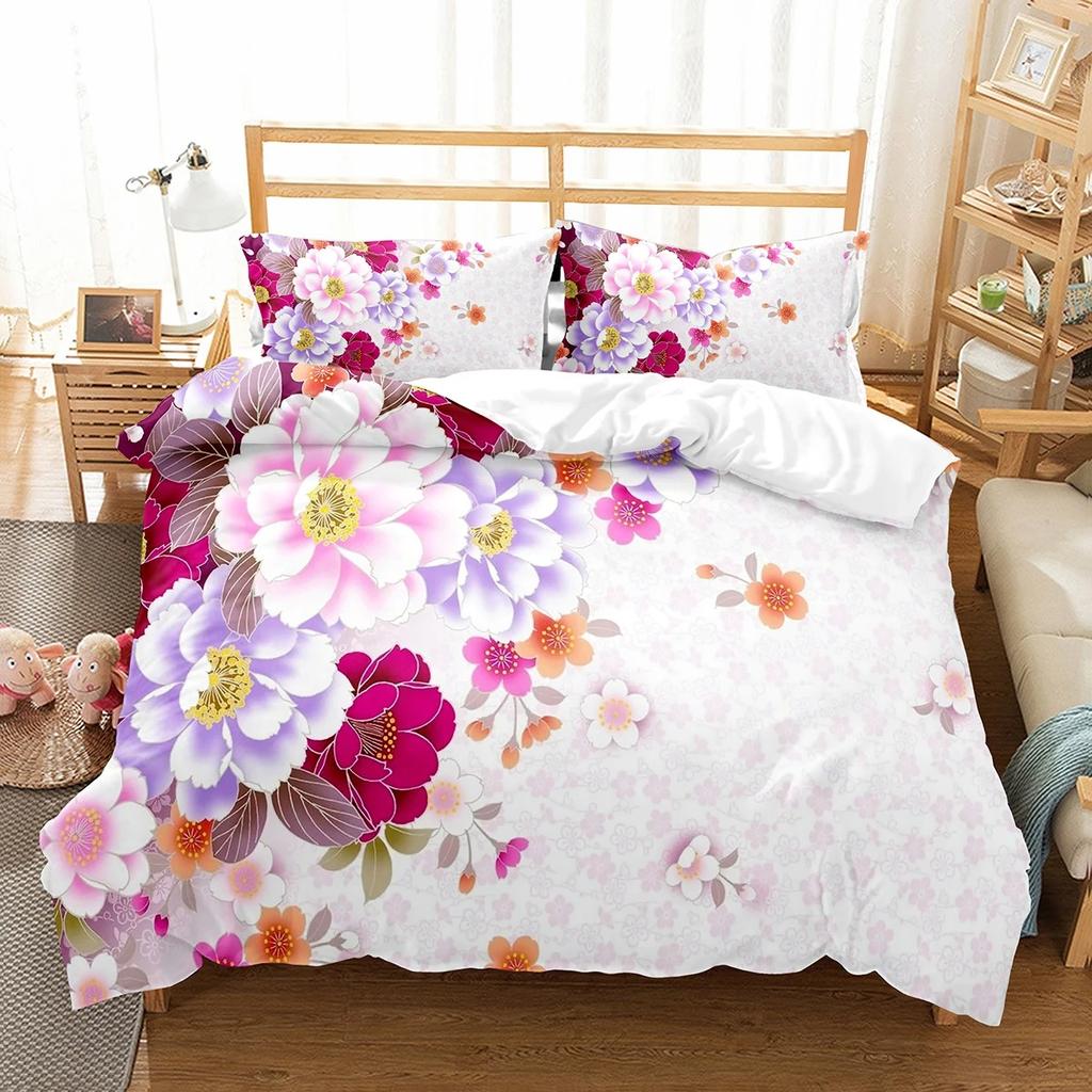 Hibiscus Floral Duvet Cover Twin King Size Tropical Palm Leaves Bedding Set,Botanical Flower Comforter Cover for Girl Teen Room
