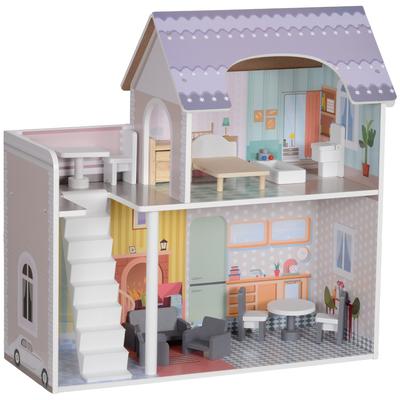 Poppenhuis met 2 verdiepingen en 13 meubelstukken, Speelset met balkon, voor leeftijden 3-6 jaar, Veelkleurig