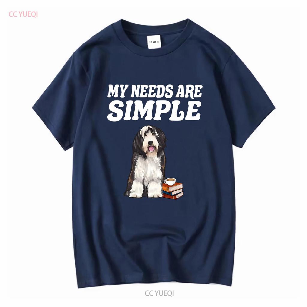 Bearded Collie T-Shirt Meine Bedürfnisse sind einfach Hund Kaffee Lesen Buch Lang- oder Kurzarm Vintage Gewaschen Dehnbar Unisex