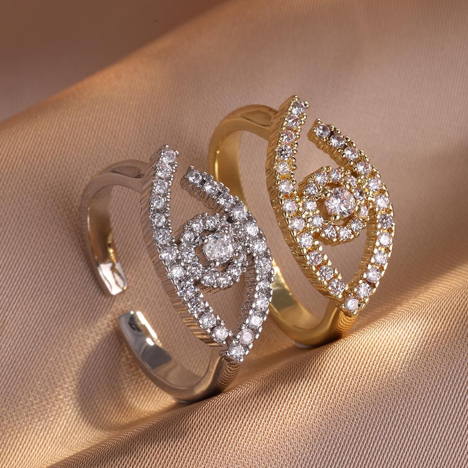 ZAKOL Fashion Turkey Evil Eye Zircon Inlaid Adjustable Open Rings Sliver Gold Color Aesthetic Ring Party Zircon Anillos Mujer