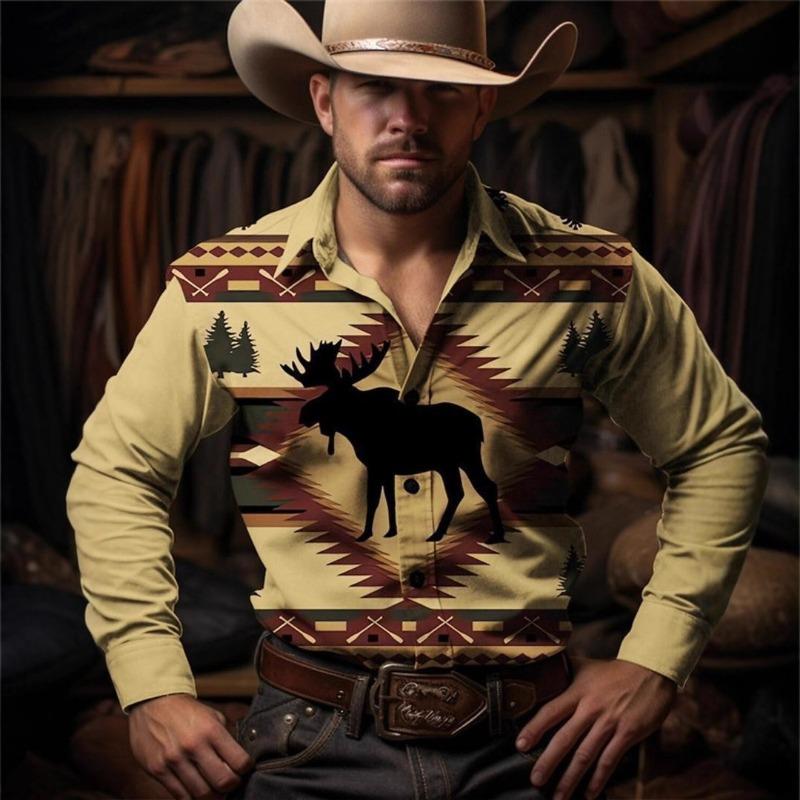 Nueva Camisa Casual Deportiva Exterior de Calle para Hombre con Cuello Estampado Étnico Tribal de Manga Larga con Botones