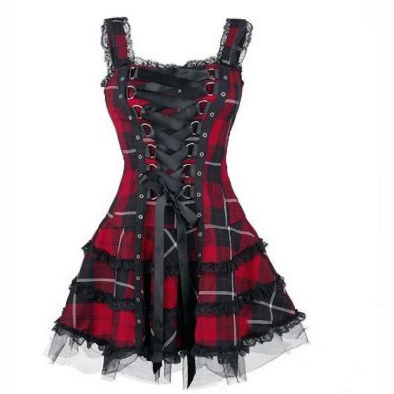 Summer Women's Plaid Dress Lace Up Lace Sleeveless Short Skirt