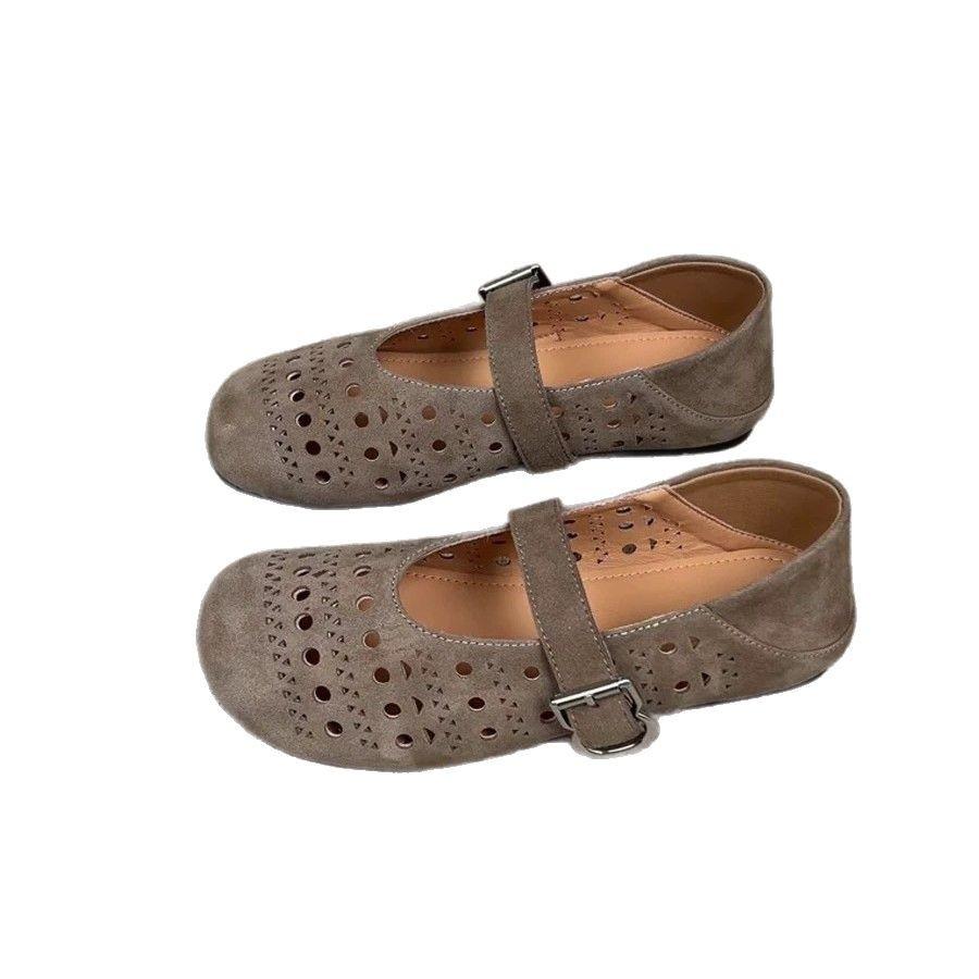 Sheepskin Version~ Korean Version of Round Head Hollow Hole Shoes Flat Bottom One-word Buckle Mary Jane Shoes Women's 2025 Spring and Summer Shoes