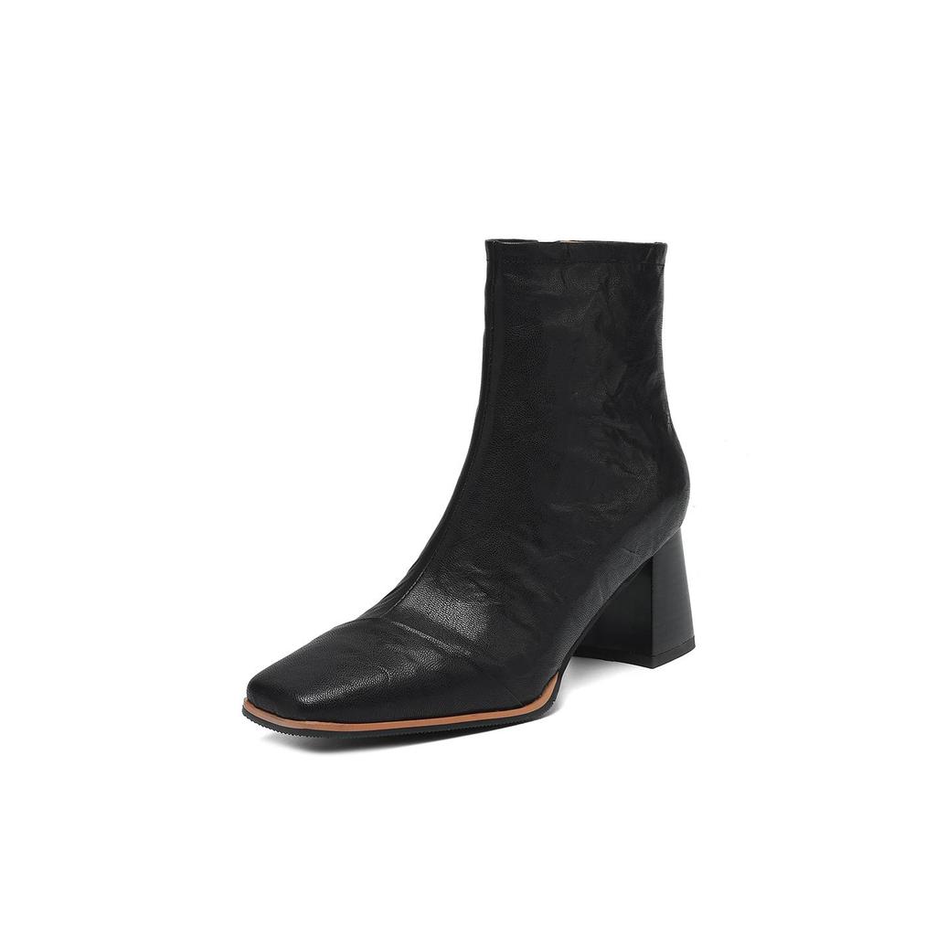 Krazing Pot Sheepskin Autumn Winter Shoes Thick High Heels Big Size 43 Modern Boots Square Toe Keep Warm Zip Pleated Design Ankle Boots