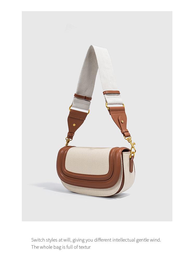 2024 Women's Color Block Saddle Bag: Fashionable Versatile Canvas with Wide Strap, Single Shoulder & Crossbody Style