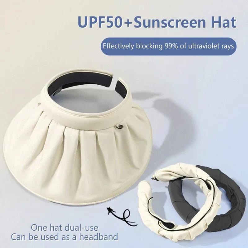 2-in-1 Women Wide Brim Sun Hat, Anti UV Shell Hat & Headband, Sunscreen Cap for Outdoor Beach Summer Use