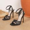 Pesstwei Fashion Mesh Hollow Out  Ankle Strap Sandals Women Summer Square Open Toe Rhinestone Mesh High Heels Party Prom Shoes
