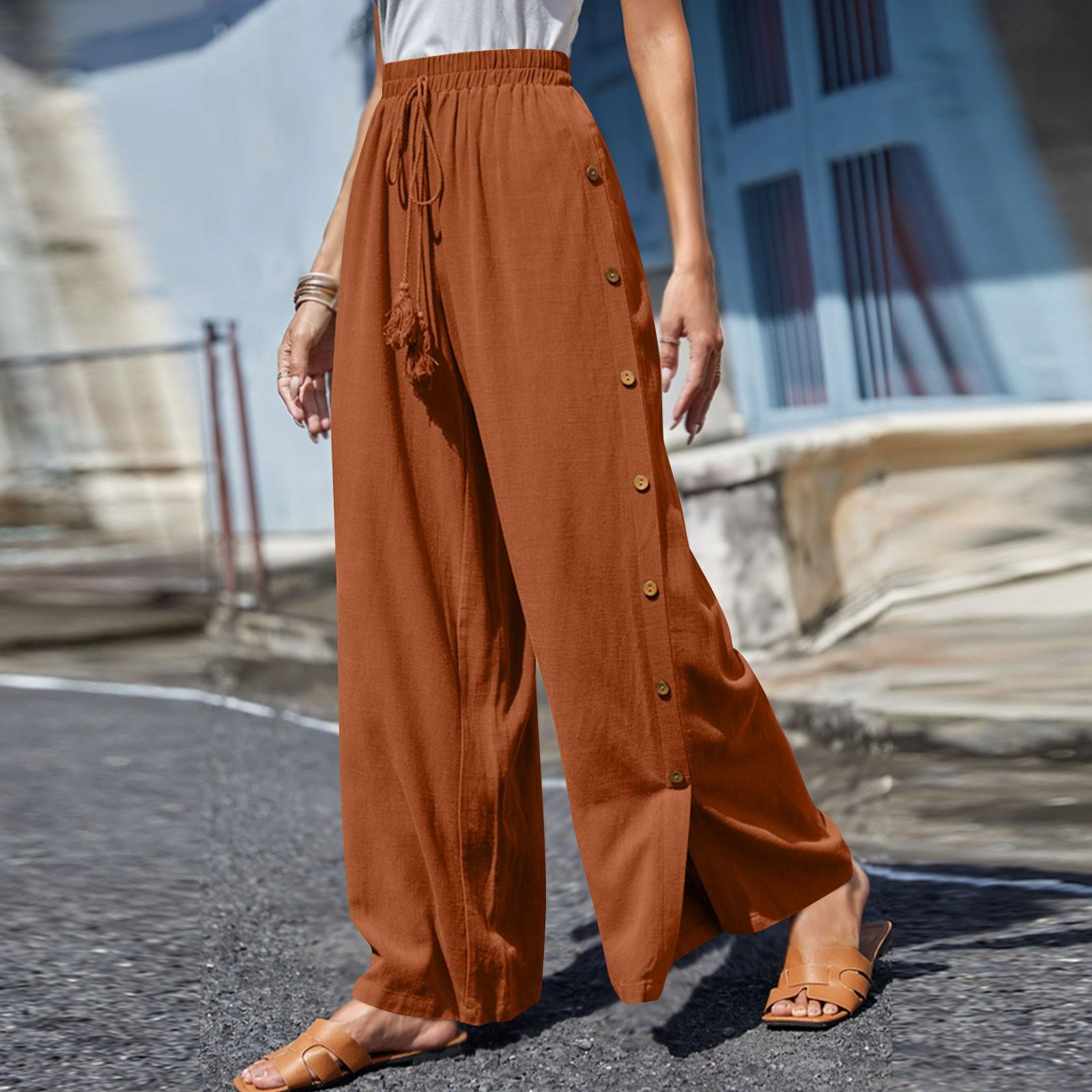 

Women s Color Trousers Elastic Waistband Button Trim Wide Leg High Waist Trousers XXL