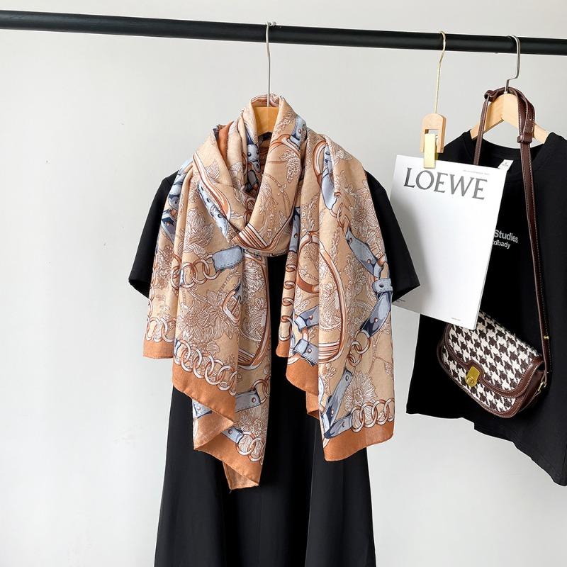 New Cotton and Linen Scarf Women's Autumn High-end Feeling Belt Buckle Printed Silk Scarf Angola Red Shawl