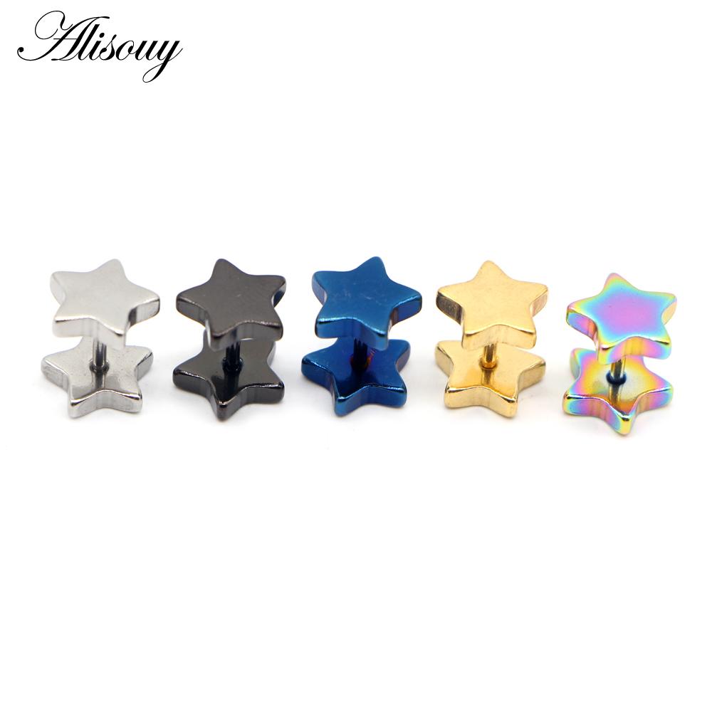 Alisouy 2pcs New Unisex Stainless Steel Barbell Ear Stud Classic Five-Pointed Star Earrings Screw Back Ear Piercing Body Jewelry