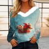 Women's Christmas Printed Long Sleeved Party Plush Neck V-neck Top