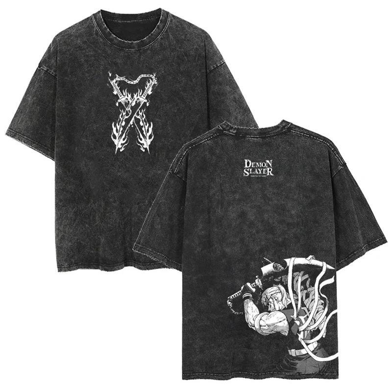 Anime Demon Slayer Rengoku Kyoujurou Printed T Shirt Men Women Manga Tshirts Vintage Washed T-Shirt Harajuku Manga Cotton Tops