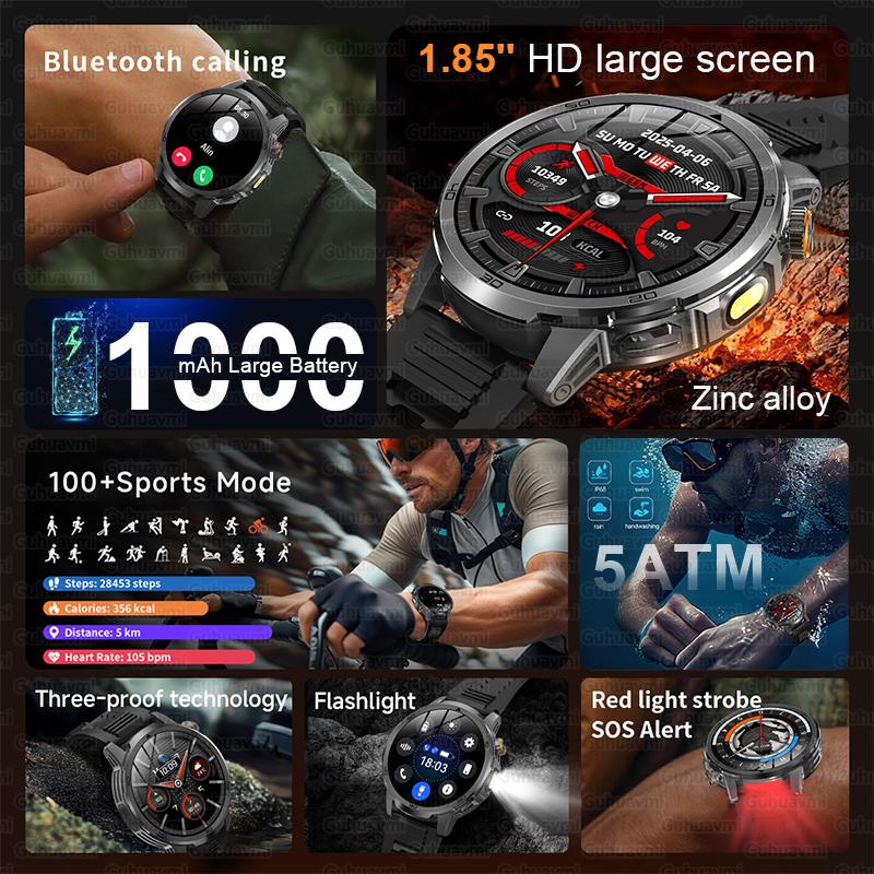 New 1000mAh Super Capacity Battery Adult Men Smart Watch 1.85inch Large Screen Bluetooth Call IP69K Waterproof Sport SmartWatch
