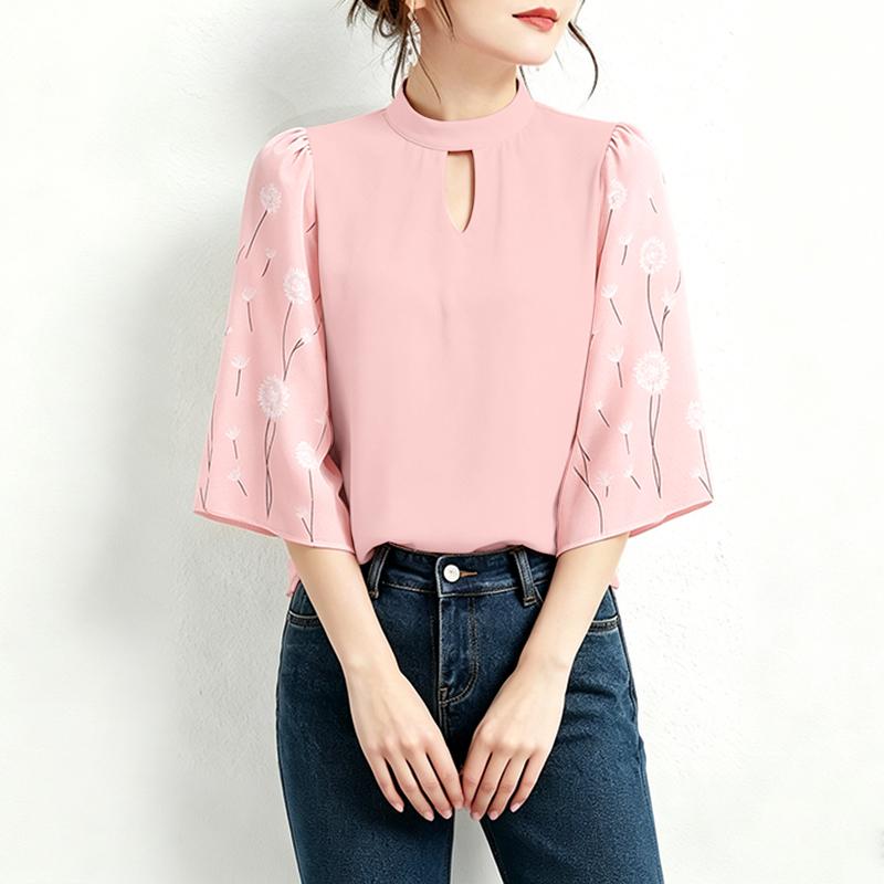 ZANZEA Women Elegant Stand Collar Print Splice 3/4 Sleeve Loose Blouse S розовый