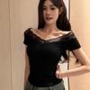 Sexy Pure Desire Ins Splicing Exposed Collarbone One-word Shoulder Lace Short-sleeved T-shirt Women's Summer Slim-fitting Off-the-shoulder Pure Desire
