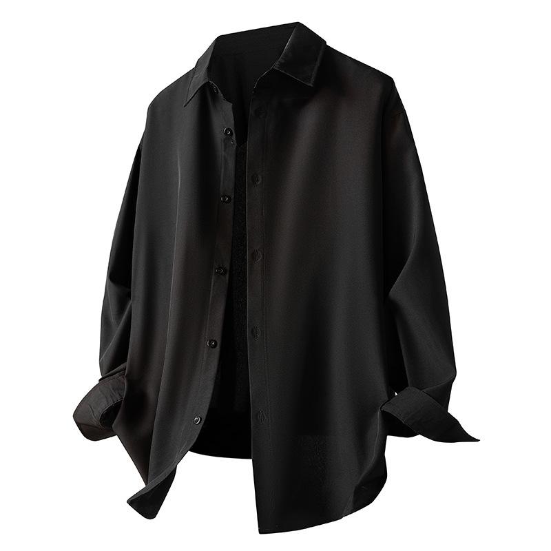 Men's Casual Shirt Solid Color Summer Silky Cool Feeling, No Ironing Shirt, Loose Long Sleeved Top