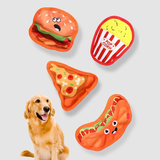 Interactive Pet Toys Thickened Oxford Cloth Bite Resistant Squeaky Dog Chew Toys with Sound Food Shapes Burger Pizza Popcorn for Teeth Cleaning Play