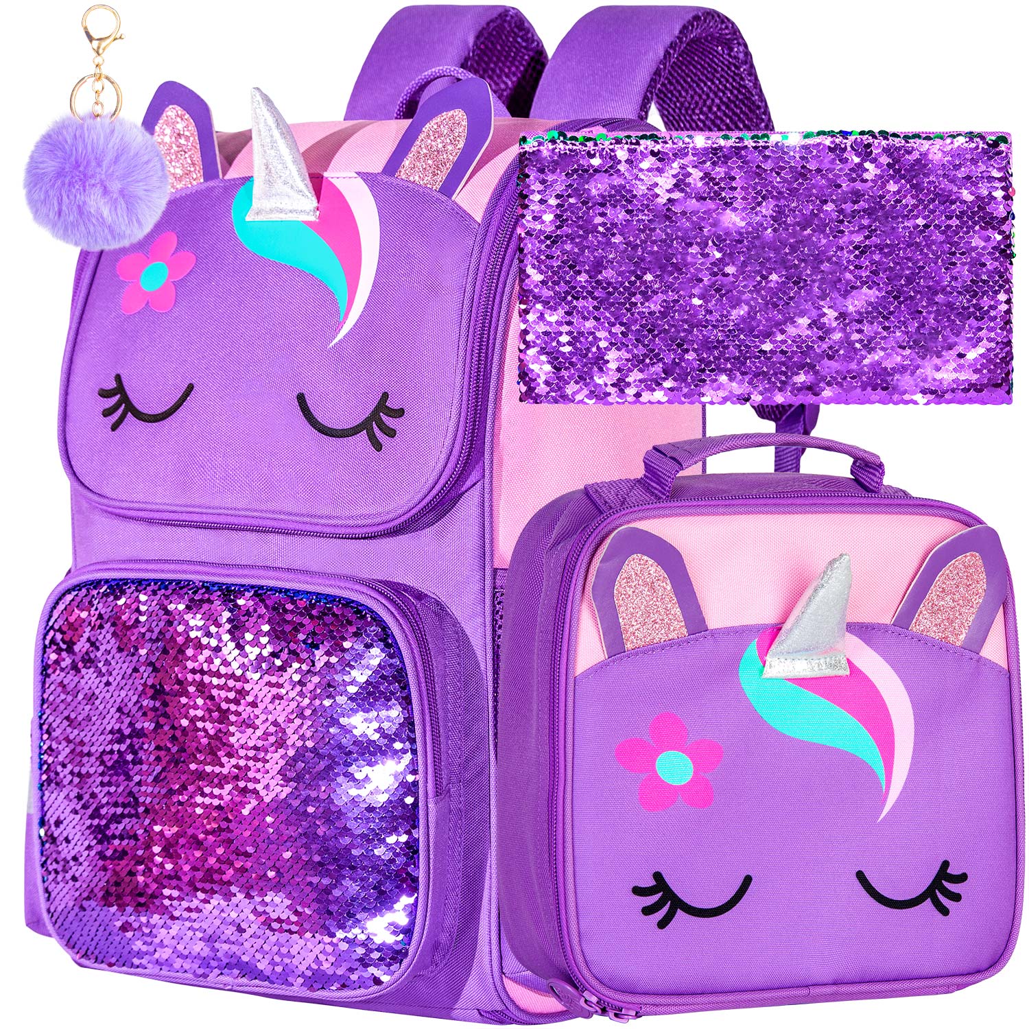 3 STuks Eenhoorn Rugzak, 15  Meisjes Pailletten Boekentas met Lunchbox, Paarse Kinder Schooltas voor Basisonderwijs
