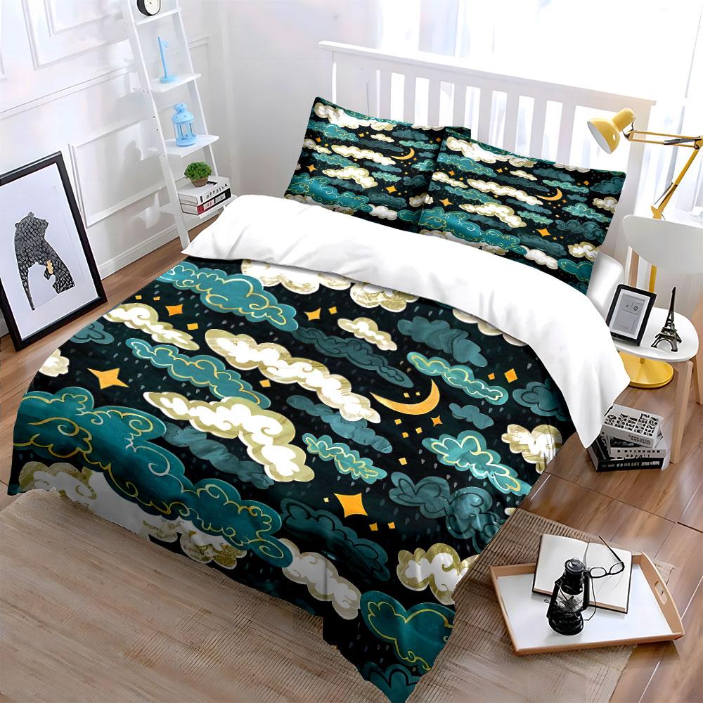 Clouds, crescent moon, stars. Bedding sets Duvet cover sets Duvet covers Pillowcases(1 * Duvet Cover 2 * Pillowcases without duvet insert)