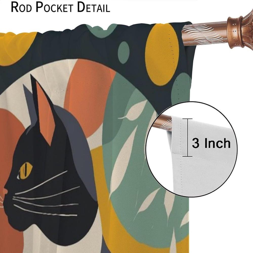 2 Panels Bohemian Cat Curtains Matisse Style Abstract Black Cat & Floral Design - Light Filtering Polyester Window Curtains with