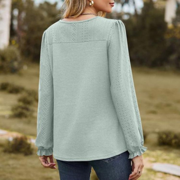 Breathable Mesh Long Sleeve Tops for Women Solid Color Puff Sleeve T Shirt Round Neck Casual Daily Wear
