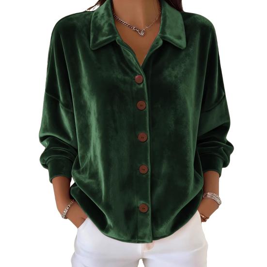 Women Shirt Lapel Long Sleeve Velvet Texture Solid Color Shirt Tops Loose Fit Buttons Placket Commuter Tops Work Wear