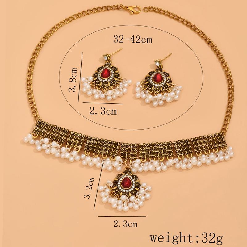 Braut, Mode Metall Wassertropfen Vintage Schmuckset Perle 2-teiliges Halskette Ohrringe Set