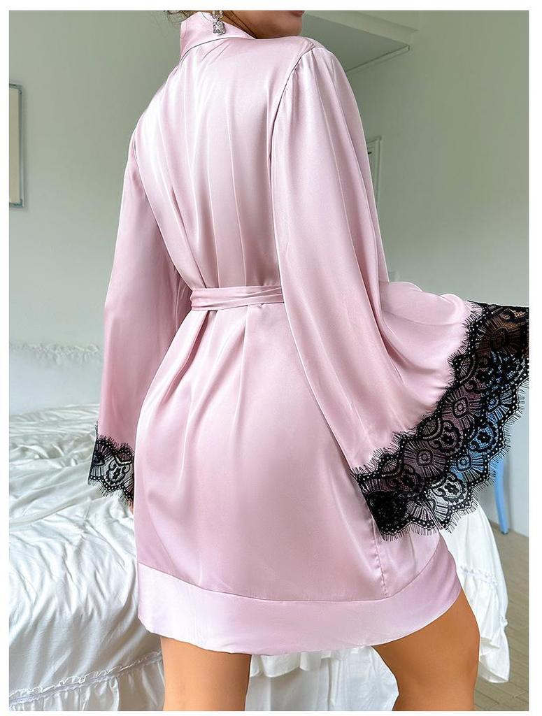 European & American Sexy Satin Mid-length Women's Long-sleeved Bathrobe Lingerie