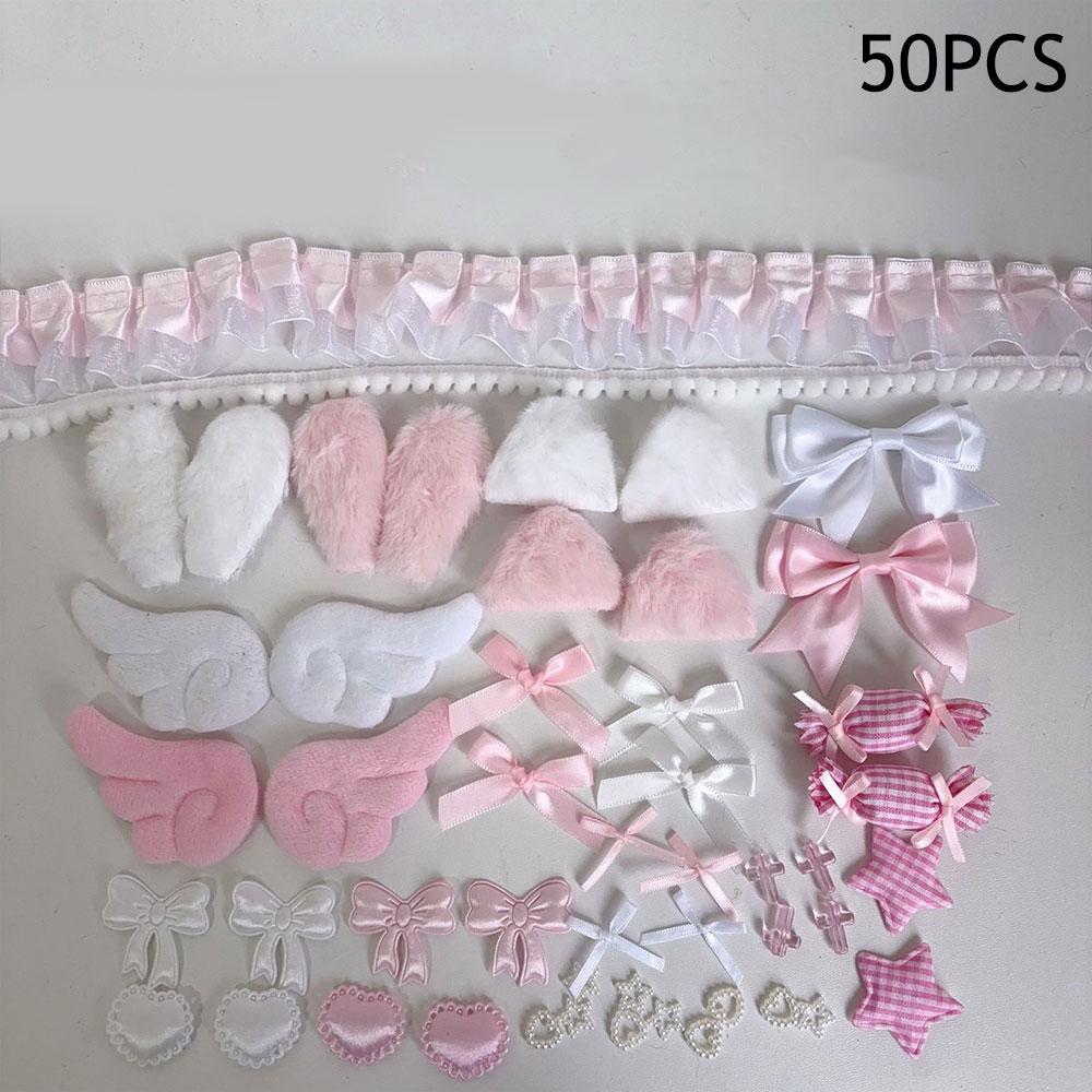 Colorful Material Pack Set DIY Plush Ear Handmade Material Pack Pink Bow Lace Pain Bag Card Cover Decoration 111pcs Material Kit