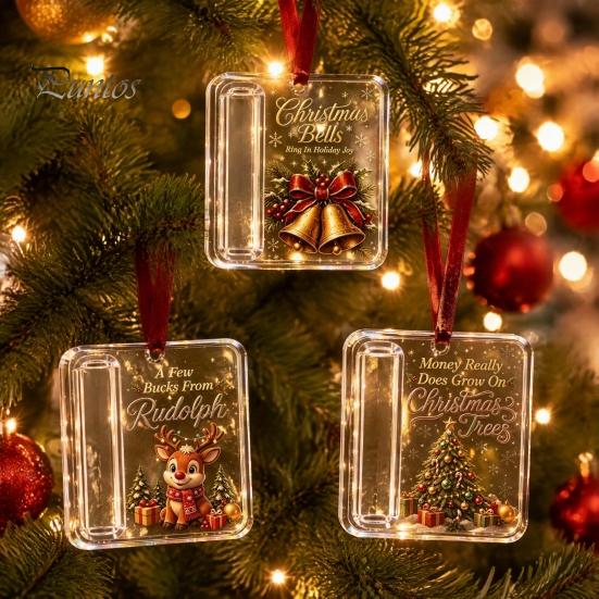 Reusable Acrylic Gift Holder 3 Pcs Christmas Cash Ornament, Money for Cash, Clear Xmas Tree Hanging Decoration, Holiday Gifts Stocking Stuffer, Decor