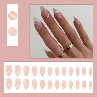 Medium Length Press Nails Designs Nude White Stripes Acrylic On Stick Women Artificial Glue Nails Manicure Decoration 10ml
