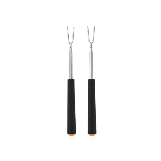 2Pcs Retractable BBQ Fork with V-Shaped Prongs Non-Slip Handle Stainless Steel Grilling Fork Portable Outdoor Cooking Tool for Camping Picnic Party