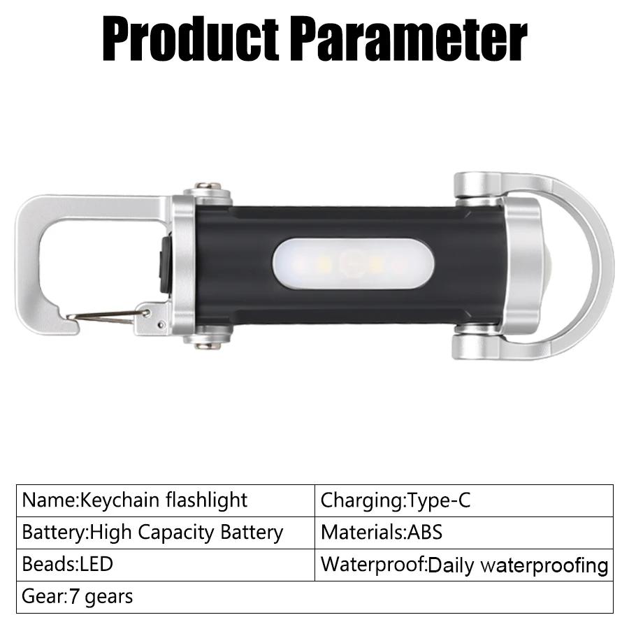 Rechargeable Keychain Flashlight,Multi Modes COB LED,Portable Hook,Type-C,Emergency Light,Red Blue Warning,Camping,Outdoor,EDC