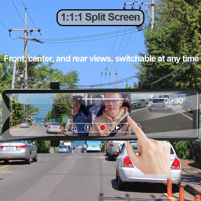 E-ACE 2.5K Car Dvr with WIFI, GPS, 3 cameras and 12 - Inch IPS Touch Screen is a Mirror Dash Cam Video Recorder with Night Vision.