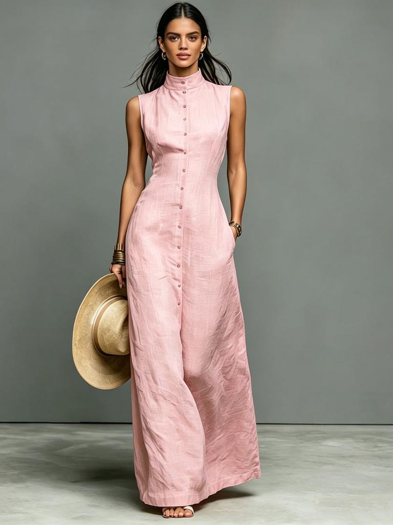 Grenzüberschreitendes Amazon 2026 neues Damen-Kleid im minimalistischen Stil, Leinenmischung, Stehkragen, einreihig, ärmellos, extra lang