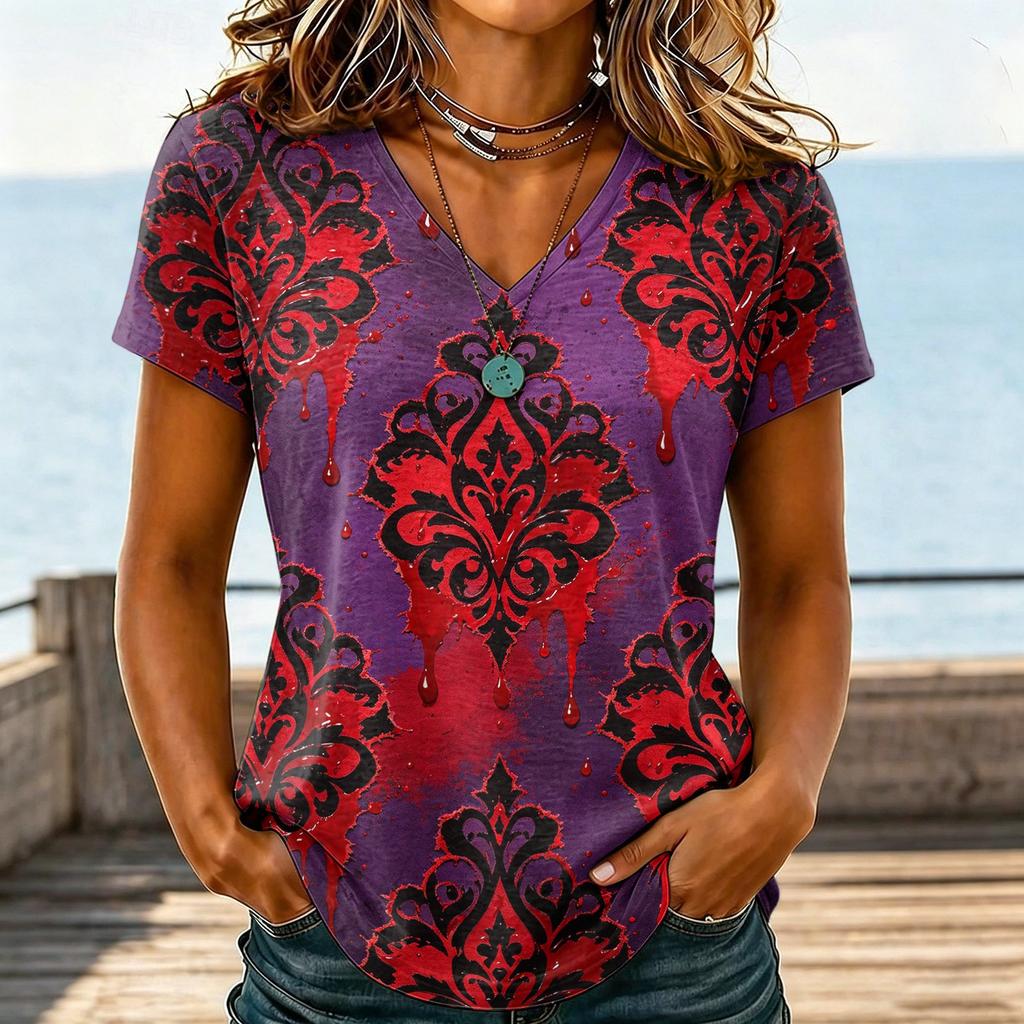 Damen Casual V-Ausschnitt Halloween Aufdruck T-Shirt für Party Kostüm