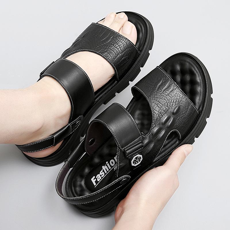 Genuine Leather Men Sandals Black Brown Summer Outdoor Antiskid Casual Sandals Cowhide Beach Shoes Two Uses Men Sandals Slippers