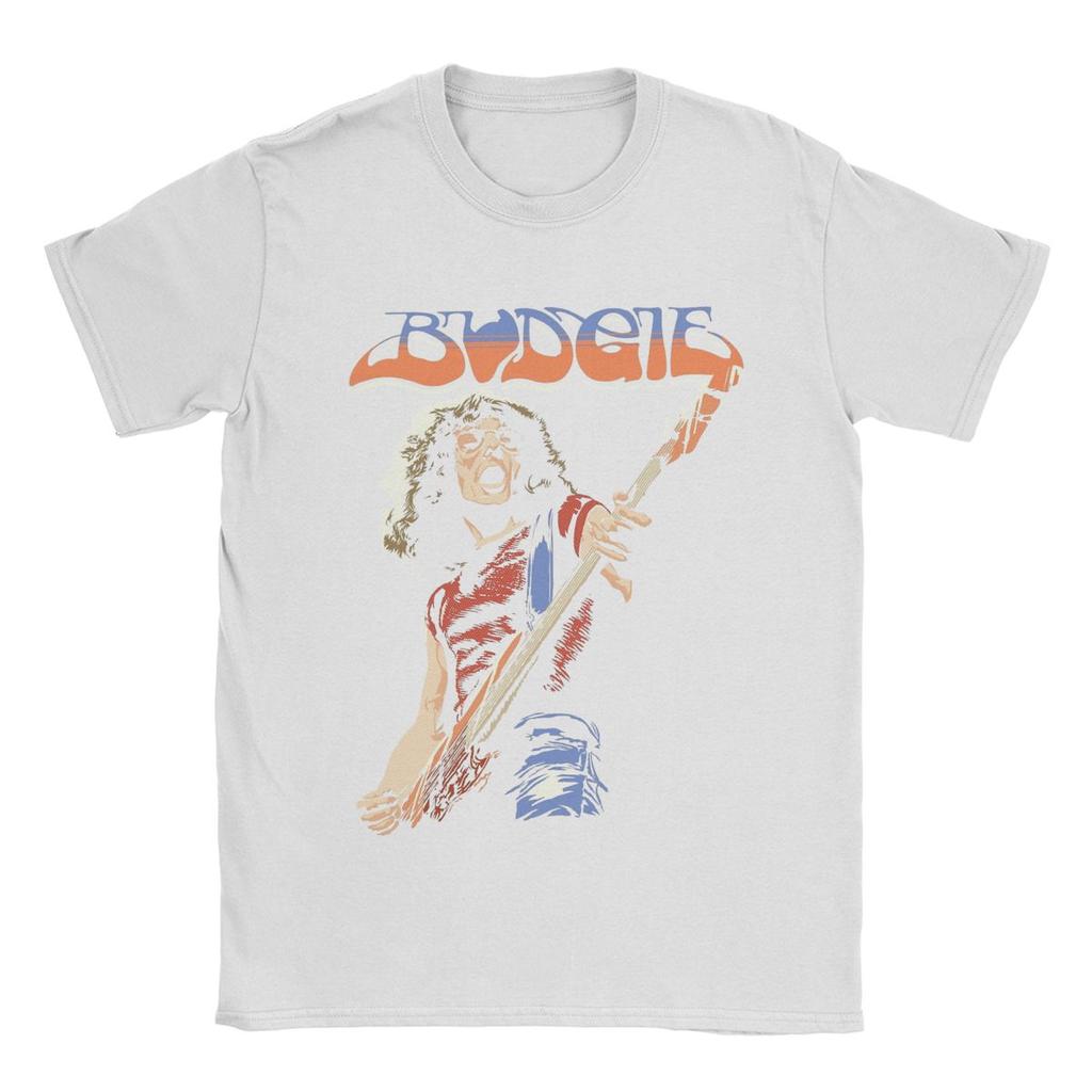 Budgie Band Burke Shelley Guitar T Shirt Men's Cotton Funny T-Shirts Round Collar Tees Short Sleeve Tops Plus Size