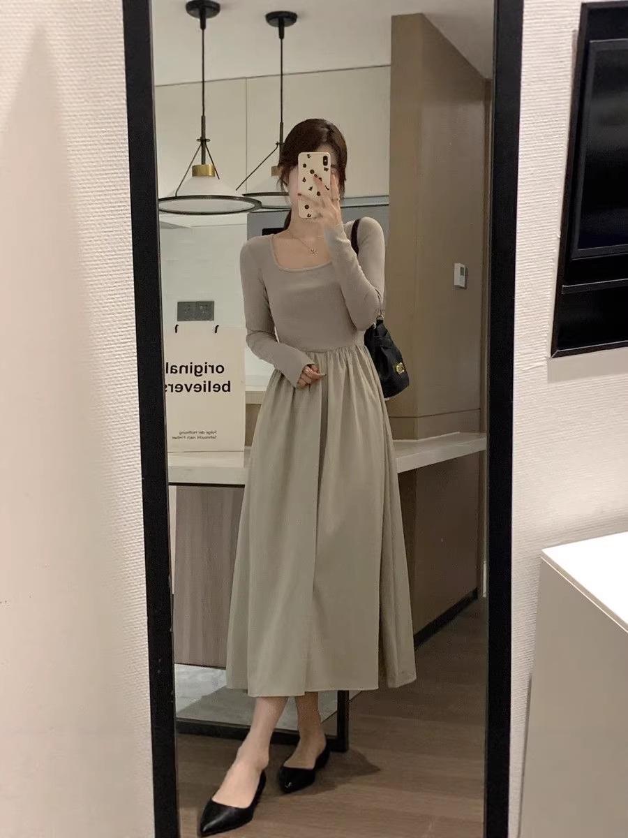 Women s French Hepburn Style Long Dress - Autumn Square Neck Design Small легкие хаки