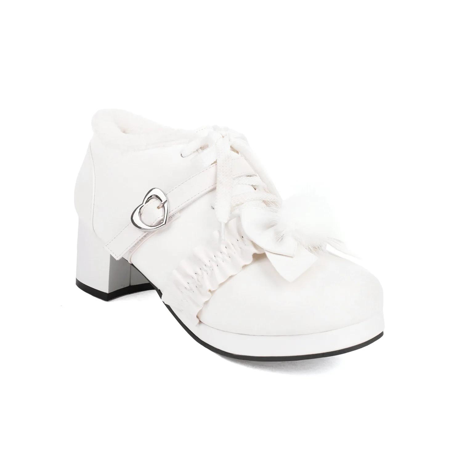 

2025 Осень Зима Женские Туфли Лолита на среднем каблуке с искусственным мехом и милым бантом Туфли Мэри Джейн для невесты, свадьбы, косплея, вечеринки, бежевого, розового, черного цвета 46