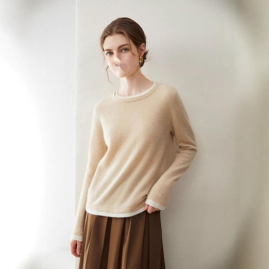 100% Cashmere Women's Slimming Color Block Two-Piece Round Neck Sweater