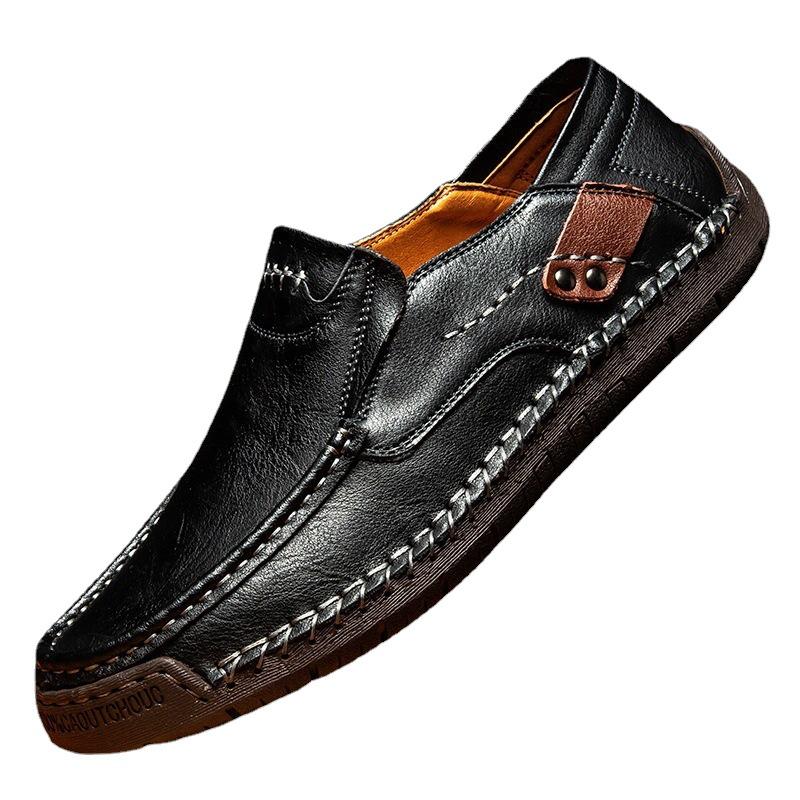 Hand-Stitched Men’s Leather Slip-On Loafers - Outdoor Casual, Low-Top, Plus Size.