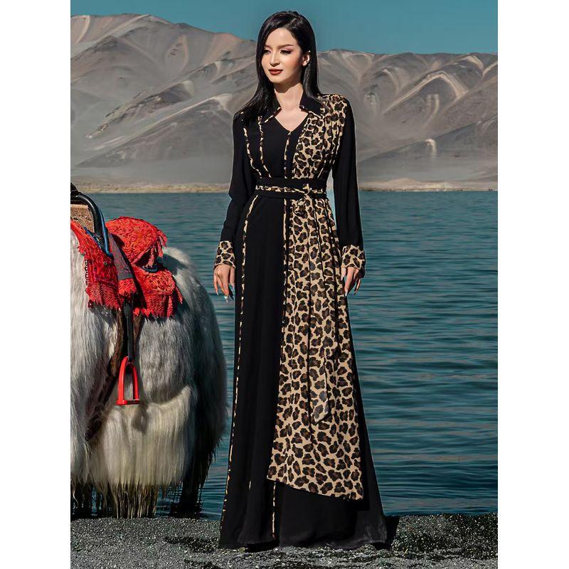 

Новинка Ближний Восток Леопардовая вставка Платье-халат Лоскутное платье-халат с леопардовым принтом Black S
