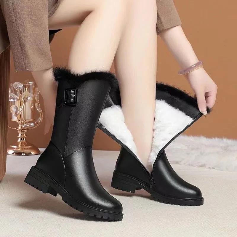 Winter Fleece-lined Non-slip Women's Mid-calf Boots Cotton Shoes Flat Bottom Warm Thickened Winter Shoes Leather Boots