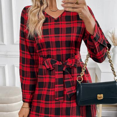 Moda feminina primavera outono xadrez estampa manga comprida decote em V cintura alta vestidos casuais