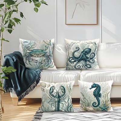 4 Pièces Housse de Coussin Vie Marine Imprimée Unilatéralement 45CM Housse de Coussin Décoration Intérieure Salon
